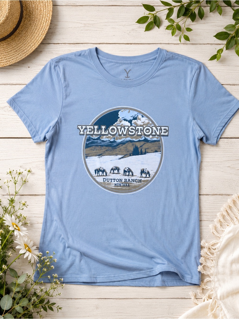 Yellowstone Dutton Ranch Light Blue Western Graphic Tee Size Small